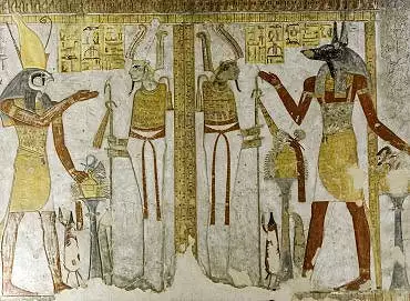 Illustration de Horus et Anubis devant Osiris momiforme