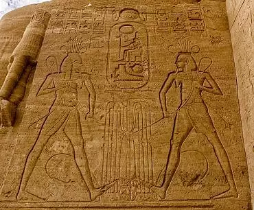 Illustration de le sema-taoui : deux génies Nil procèdent à la ligature du lys et du papyrus symboles de la Haute Egypte et de la Basse-Egypte