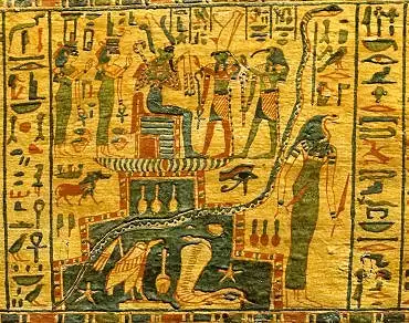 Illustration de de g. à dr. Nephtys, Isis, Osiris, Horus, Thot et sous le serpent Apophis les déesses Nekhbet (vautour) et Ouadjet (cobra) et Mertseger à tête de serpent