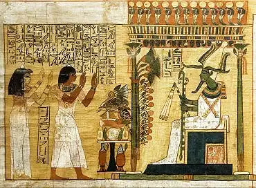 Illustration de Khâ et Merit devant le dieu Osiris trônant devant un guéridon richement garni.