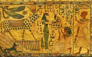 Illustration de Tamutmutef rendant hommage à Maât et à Hathor (représentée en vache sortant de la montagne thébaine)