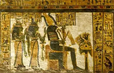 Illustration de Nephtis et Isis rendant hommage à Osiris représenté avec une tête de faucon