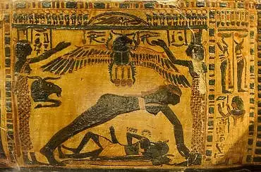 Illustration de la déesse Nout (le ciel) au dessus du dieu Geb (la terre) en érection