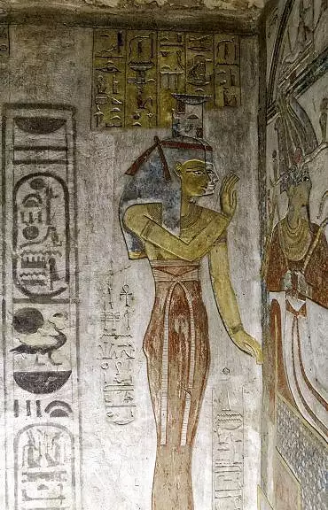 Illustration de Isis et Nephtys protègent Osiris ; l'image de Taousert a été remplacée par le cartouche noir de l'usurpateur Sethnakht