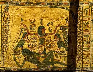 Illustration de Shou (dieu de l'air) sépare le corps de ses enfants Geb (la terre) et Nout (le ciel)