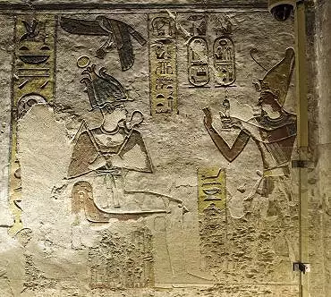 Illustration de Ramsès III offrant Maât à Osiris