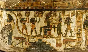 Illustration de Thot Horus et Maât rendant hommage à Osiris